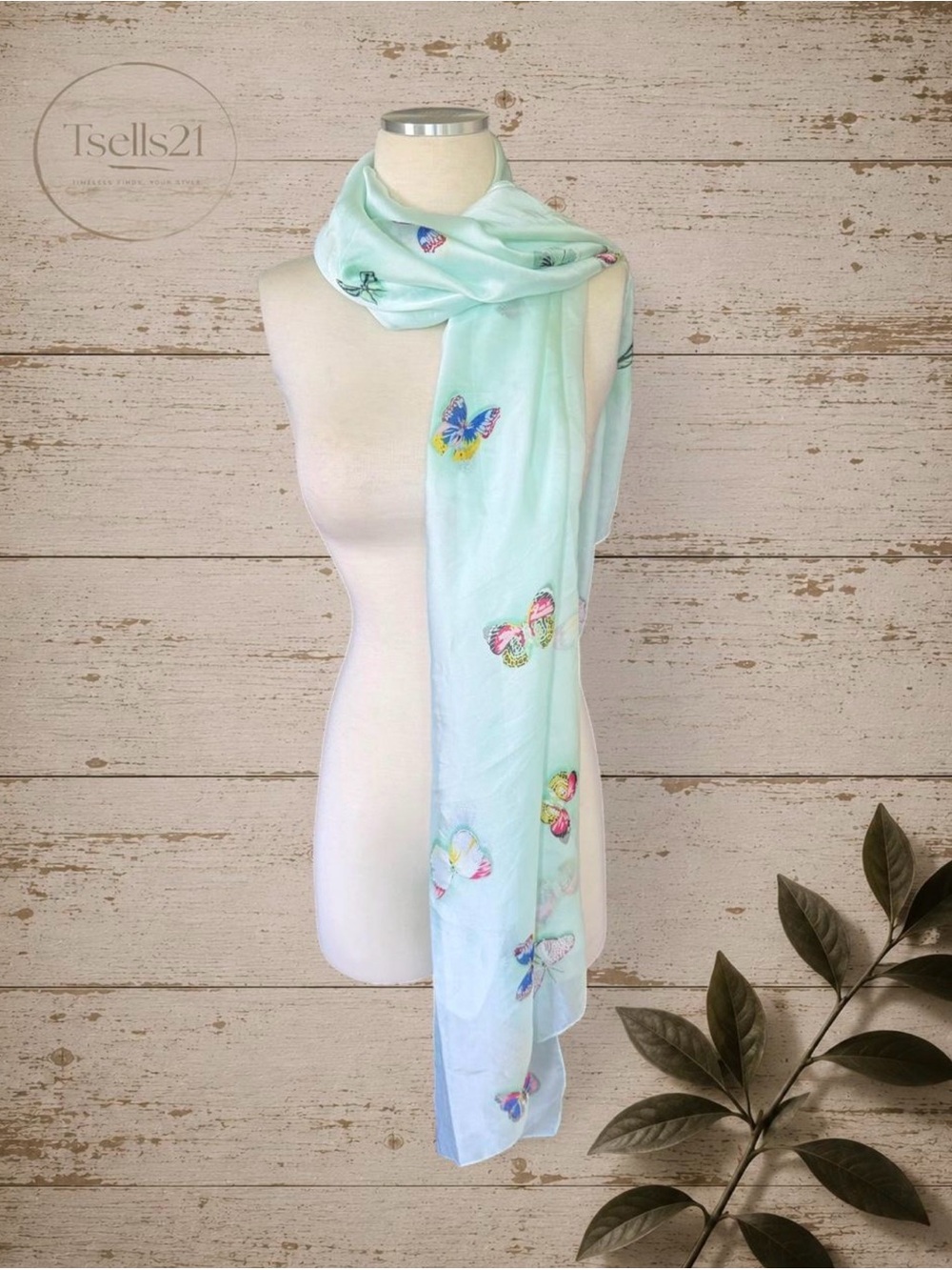 NWT Pastel Mint Green Butterfly 100% Silk Scarf